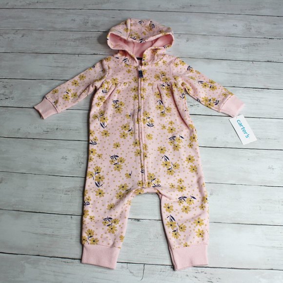 Carter's Baby Girl Hoodie Jumpsuit Romper Size 3 Months Floral Coverall - Picture 1 of 7